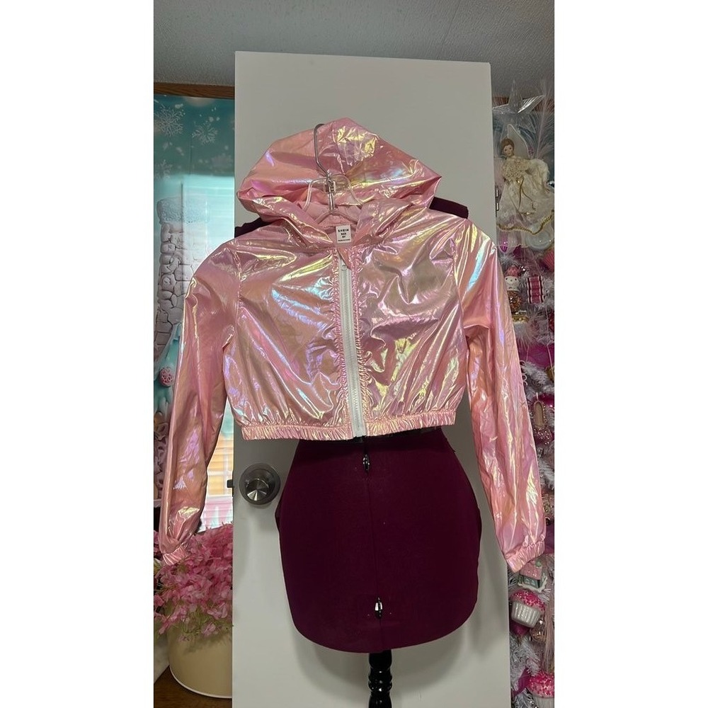 SHEIN Windbreaker Jacket Kids Size 8Y Pink Iridescent Metallic Cropped Hooded